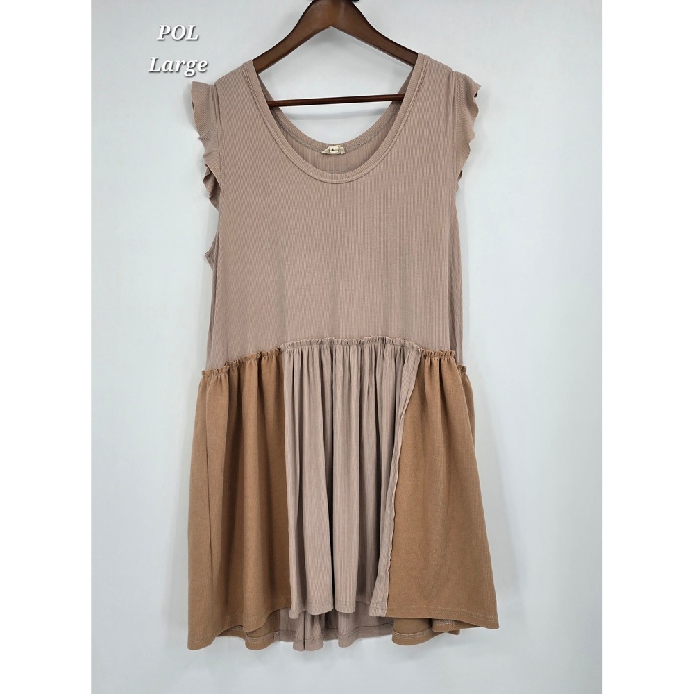 POL Color Block Ribbed Babydoll Dress Large Neutral Boho Cottagecore Flutter